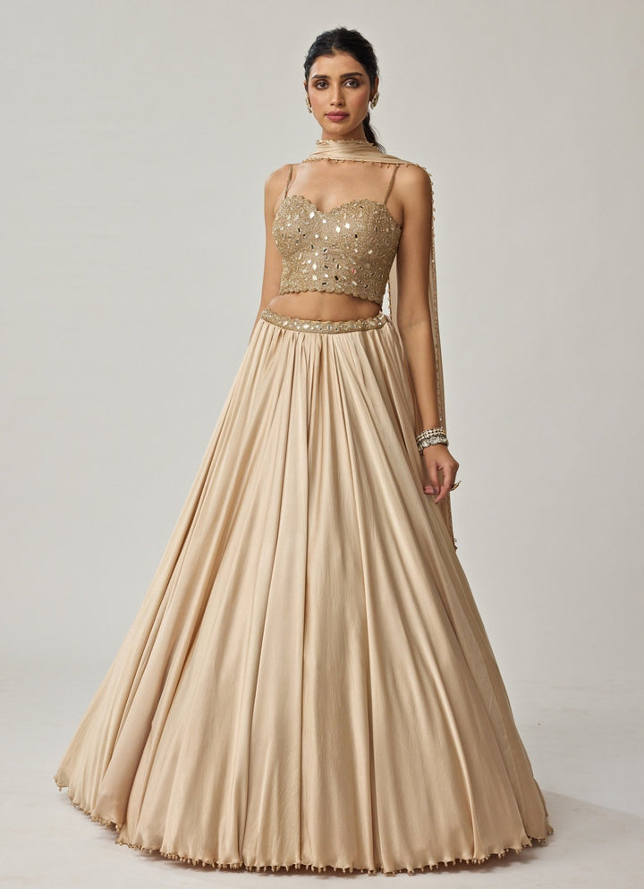 Beige Gold Mirror Embroidered Corset With Satin Lehenga Vvani by Vani Vats - Fabilicious Fashion