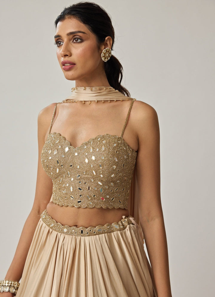 Beige Gold Mirror Embroidered Corset With Satin Lehenga Vvani by Vani Vats - Fabilicious Fashion