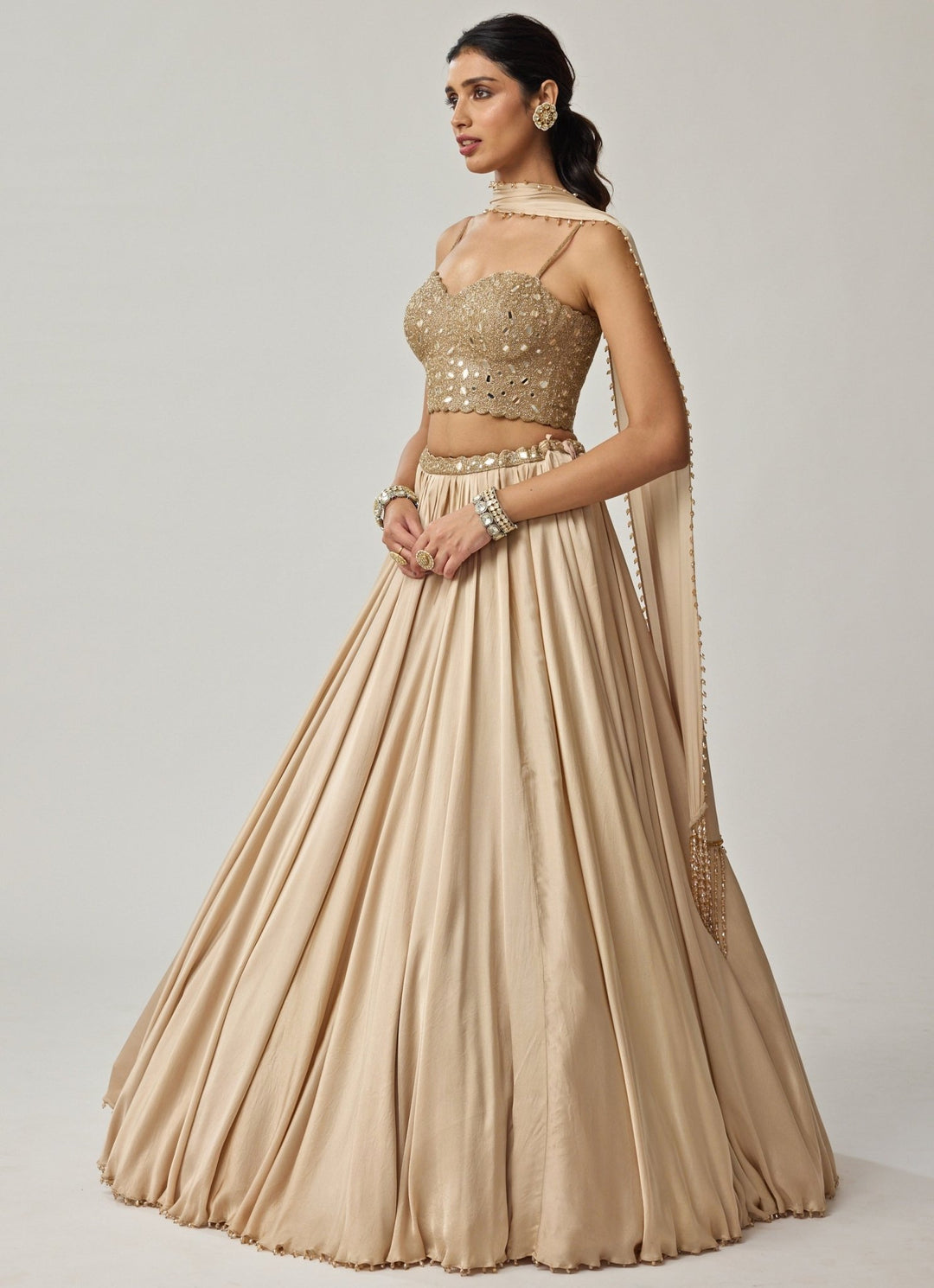 Beige Gold Mirror Embroidered Corset With Satin Lehenga Vvani by Vani Vats - Fabilicious Fashion