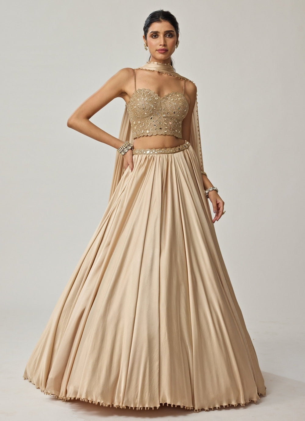 Beige Gold Mirror Embroidered Corset With Satin Lehenga Vvani by Vani Vats - Fabilicious Fashion