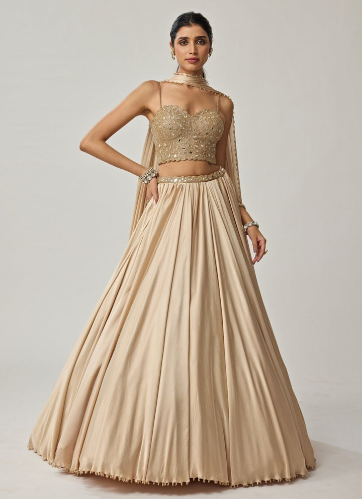 Beige Gold Mirror Embroidered Corset With Satin Lehenga Vvani by Vani Vats - Fabilicious Fashion