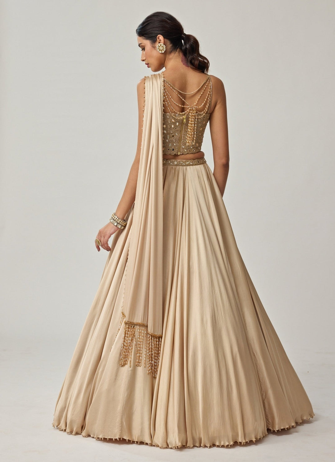 Beige Gold Mirror Embroidered Corset With Satin Lehenga Vvani by Vani Vats - Fabilicious Fashion