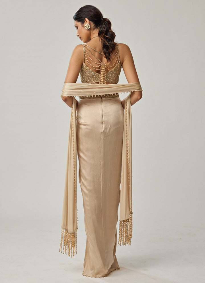 Beige Gold Mirror Embroidered Satin Draped Skirt Set Vvani by Vani Vats - Fabilicious Fashion