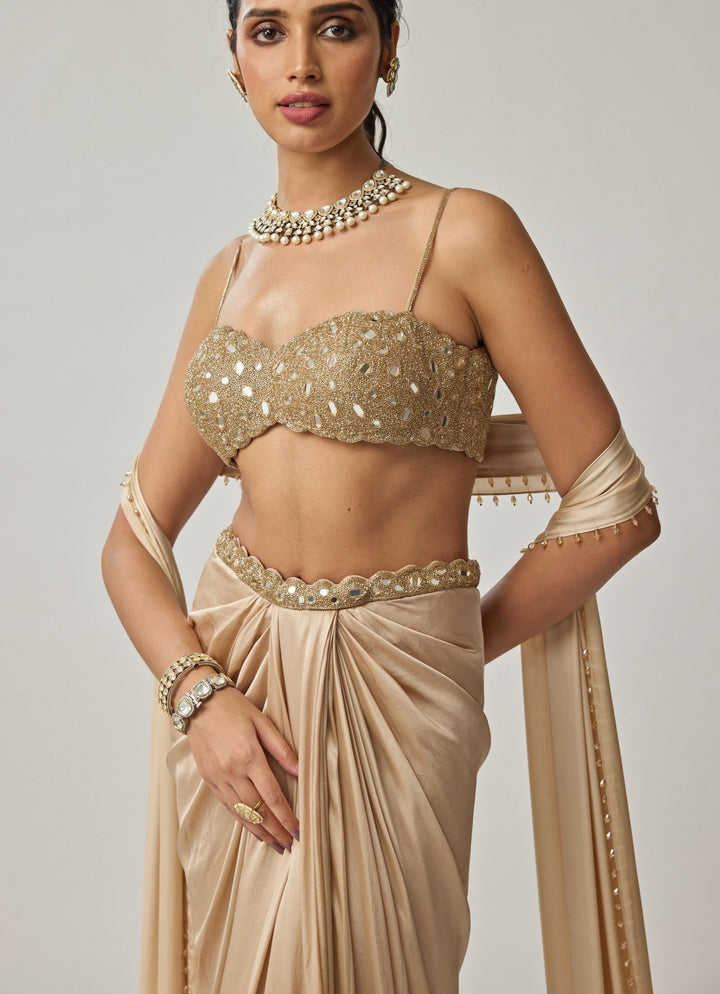 Beige Gold Mirror Embroidered Satin Draped Skirt Set Vvani by Vani Vats - Fabilicious Fashion