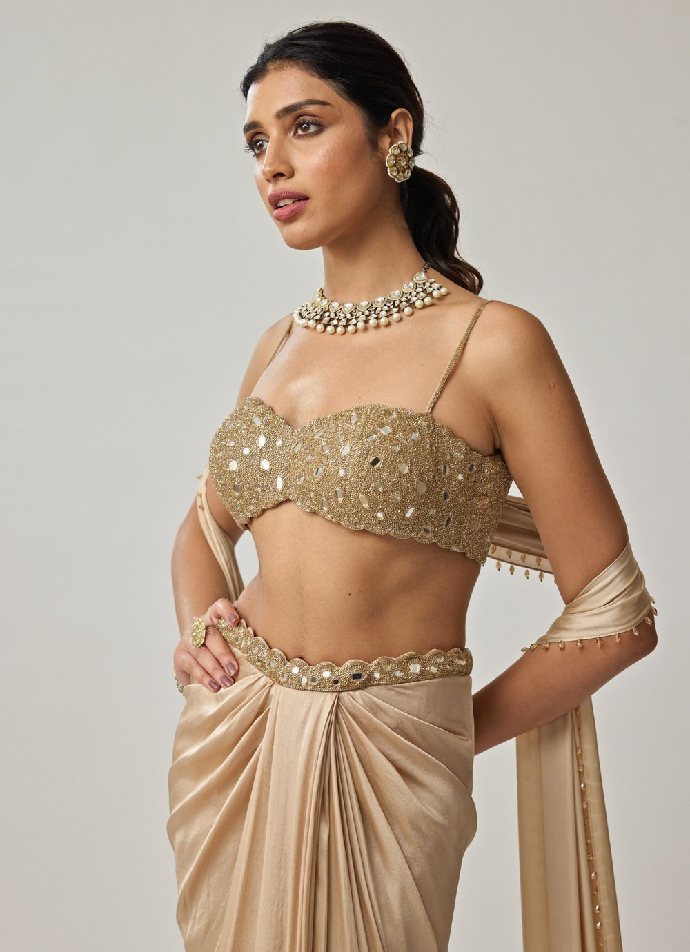 Beige Gold Mirror Embroidered Satin Draped Skirt Set Vvani by Vani Vats - Fabilicious Fashion