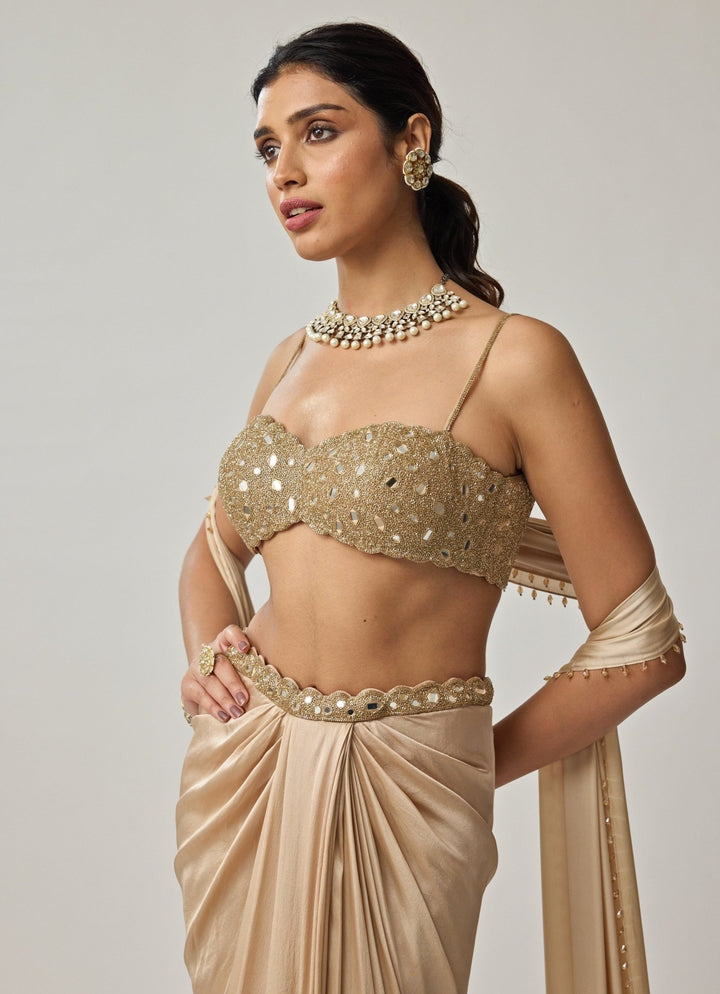 Beige Gold Mirror Embroidered Satin Draped Skirt Set Vvani by Vani Vats - Fabilicious Fashion
