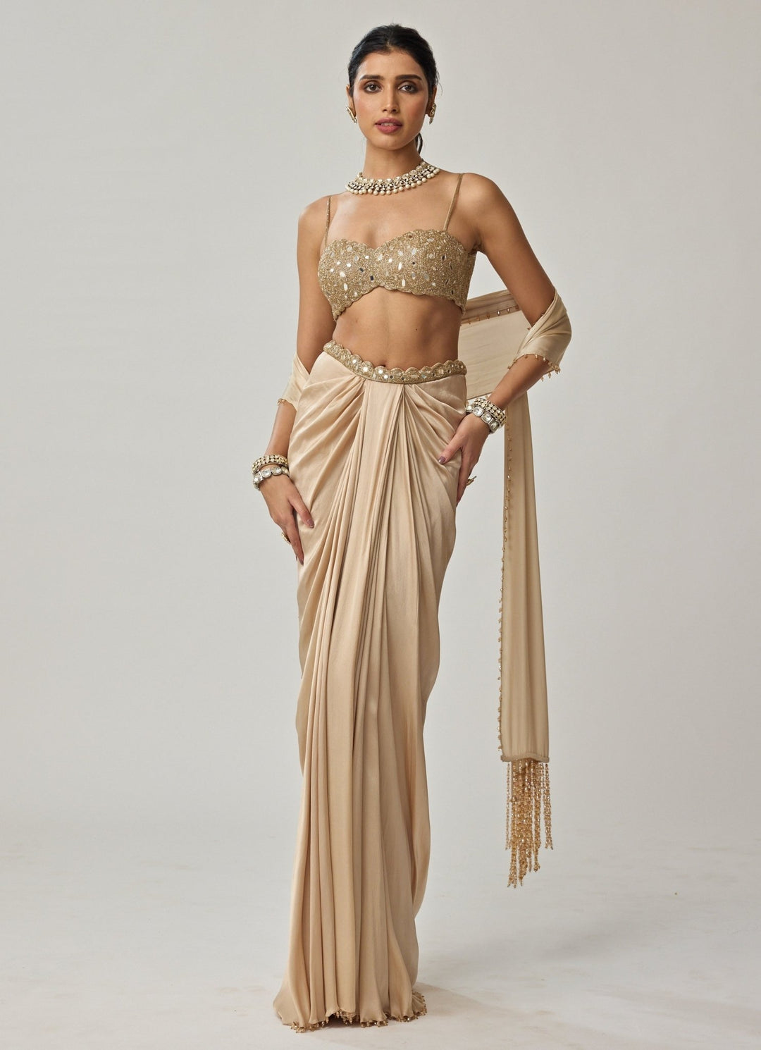 Beige Gold Mirror Embroidered Satin Draped Skirt Set Vvani by Vani Vats - Fabilicious Fashion