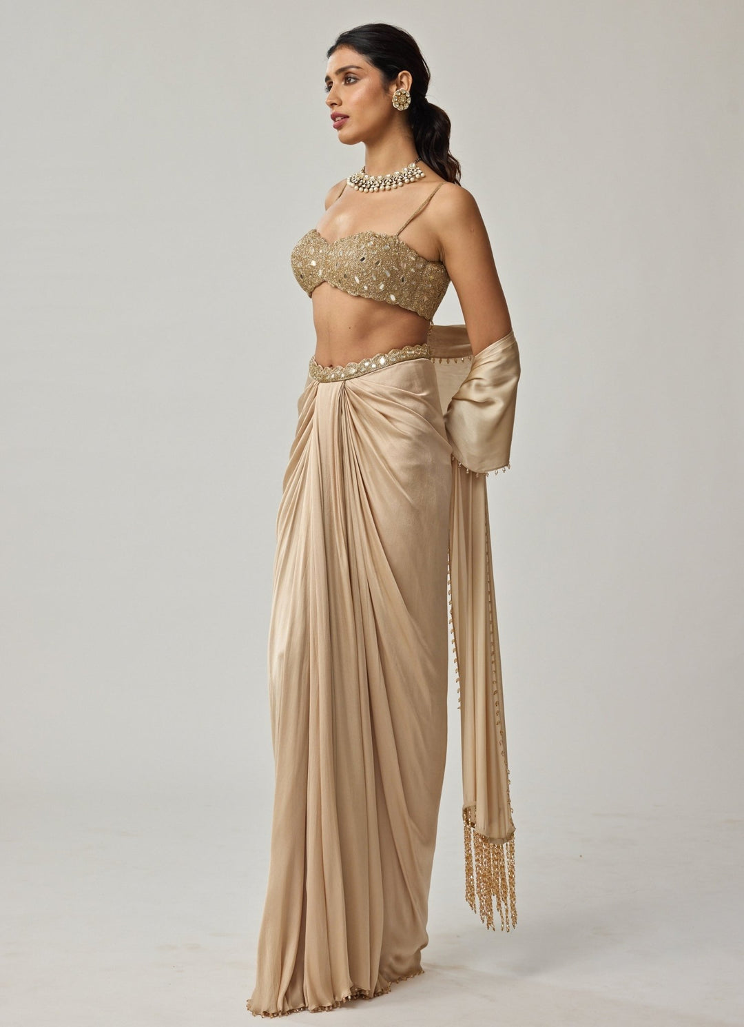 Beige Gold Mirror Embroidered Satin Draped Skirt Set Vvani by Vani Vats - Fabilicious Fashion