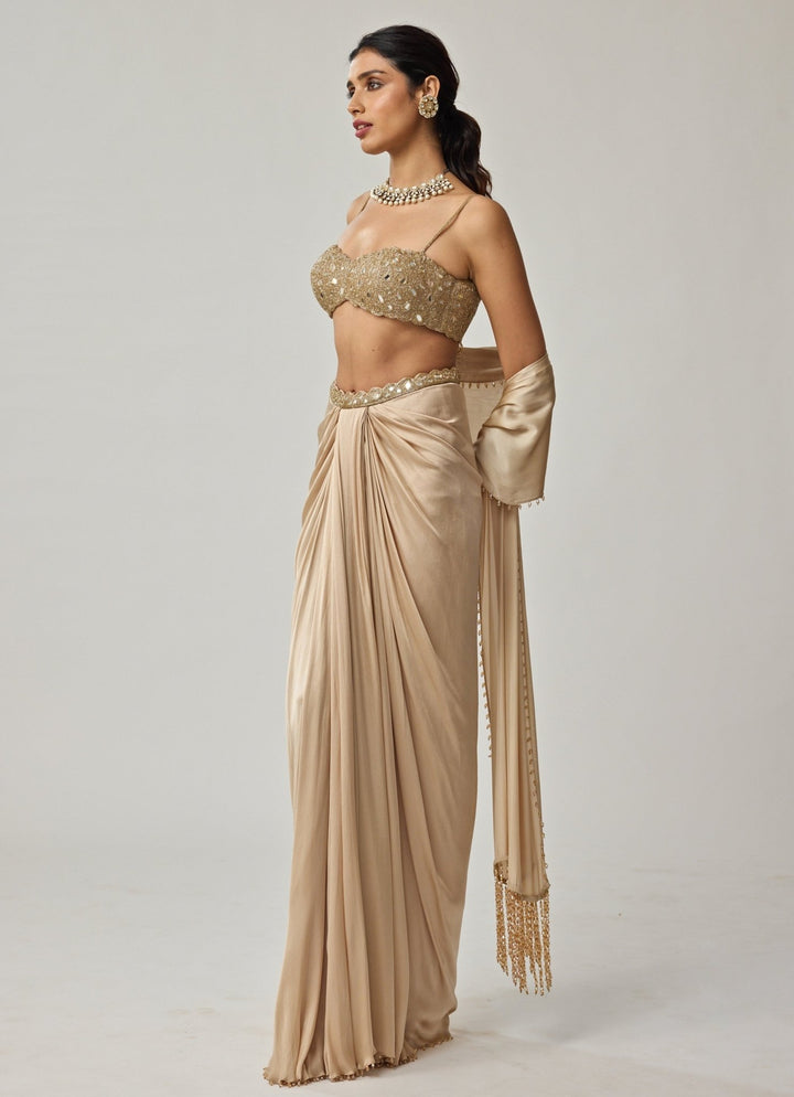 Beige Gold Mirror Embroidered Satin Draped Skirt Set Vvani by Vani Vats - Fabilicious Fashion