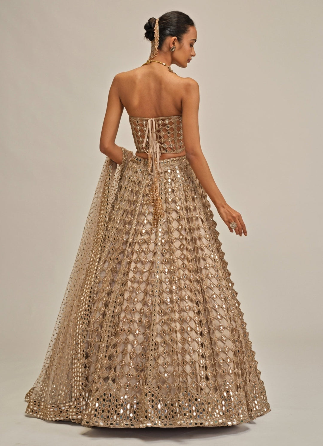 Vvani by Vani Vats Beige Gold Mirror Georgette Corset LehengaFabilicious Fashion
