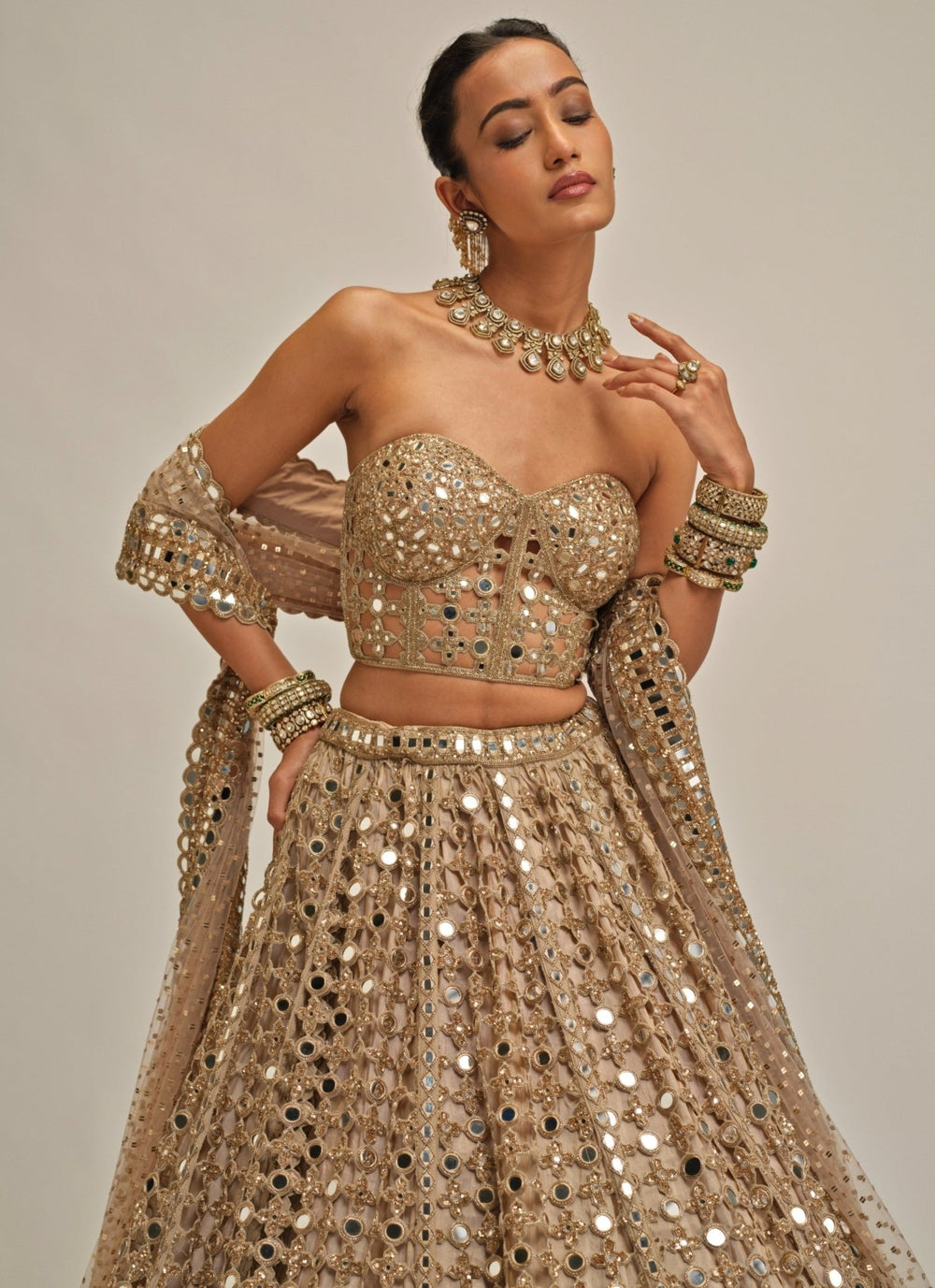 Vvani by Vani Vats Beige Gold Mirror Georgette Corset LehengaFabilicious Fashion