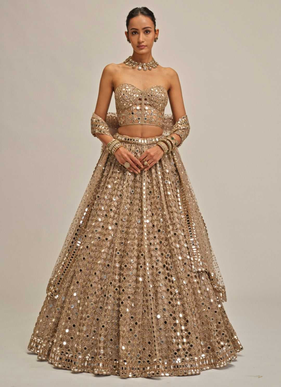 Vvani by Vani Vats Beige Gold Mirror Georgette Corset LehengaFabilicious Fashion