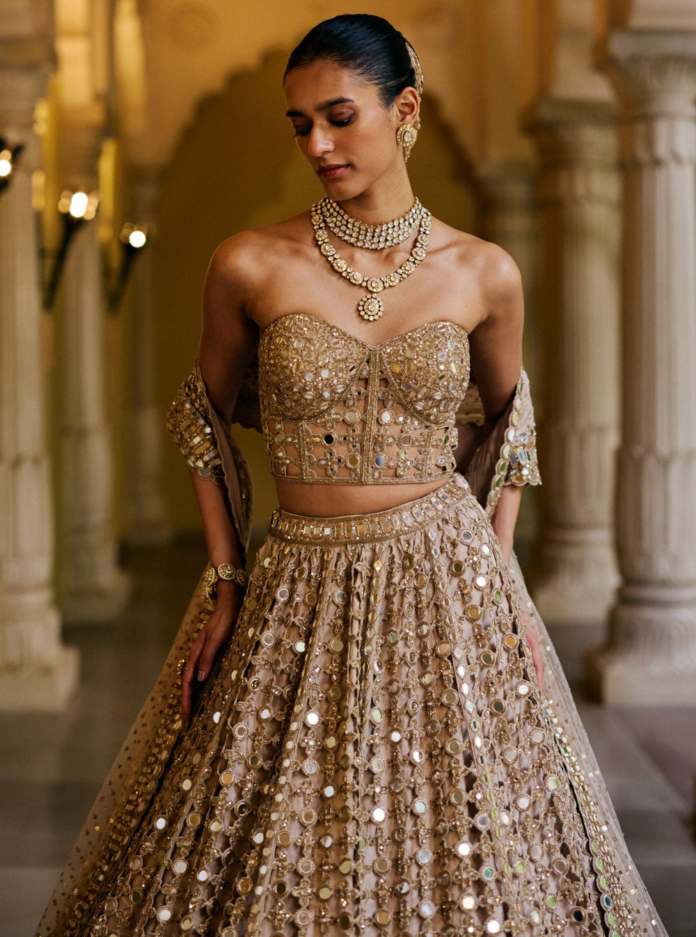 Vvani by Vani Vats Beige Gold Mirror Georgette Corset LehengaFabilicious Fashion