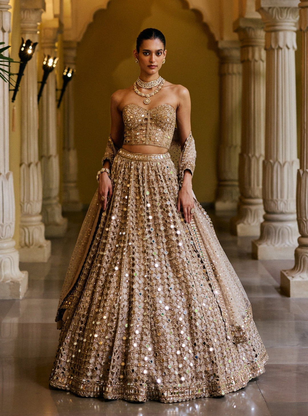 Vvani by Vani Vats Beige Gold Mirror Georgette Corset LehengaFabilicious Fashion