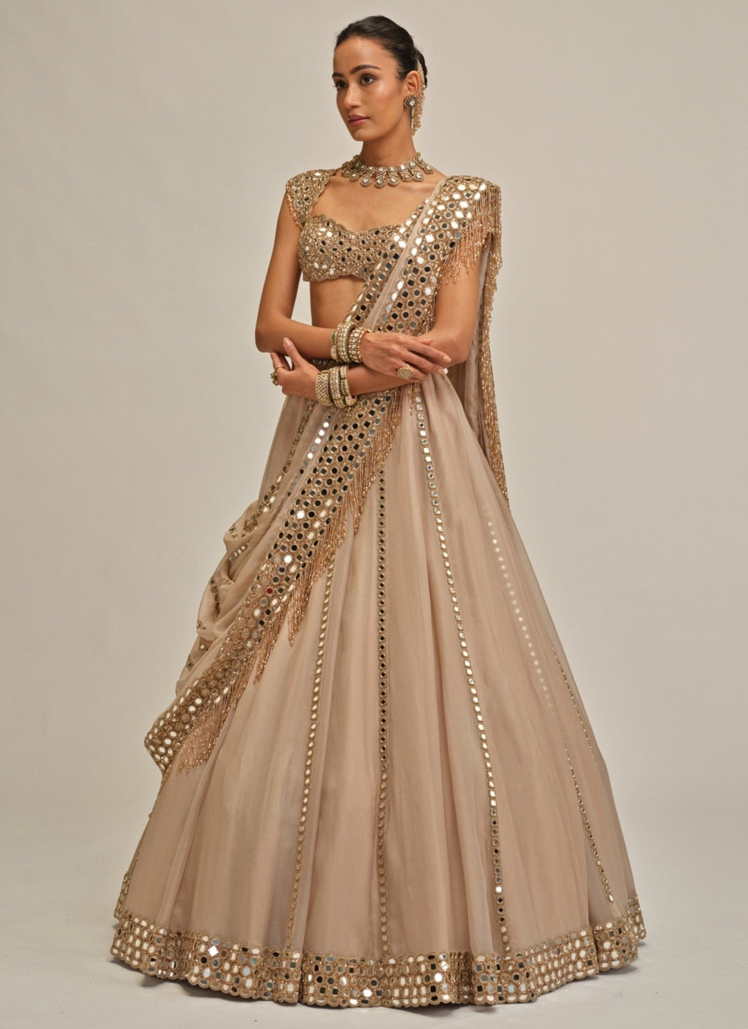 Vvani by Vani Vats Beige Gold Mirror Linear Organza LehengaFabilicious Fashion