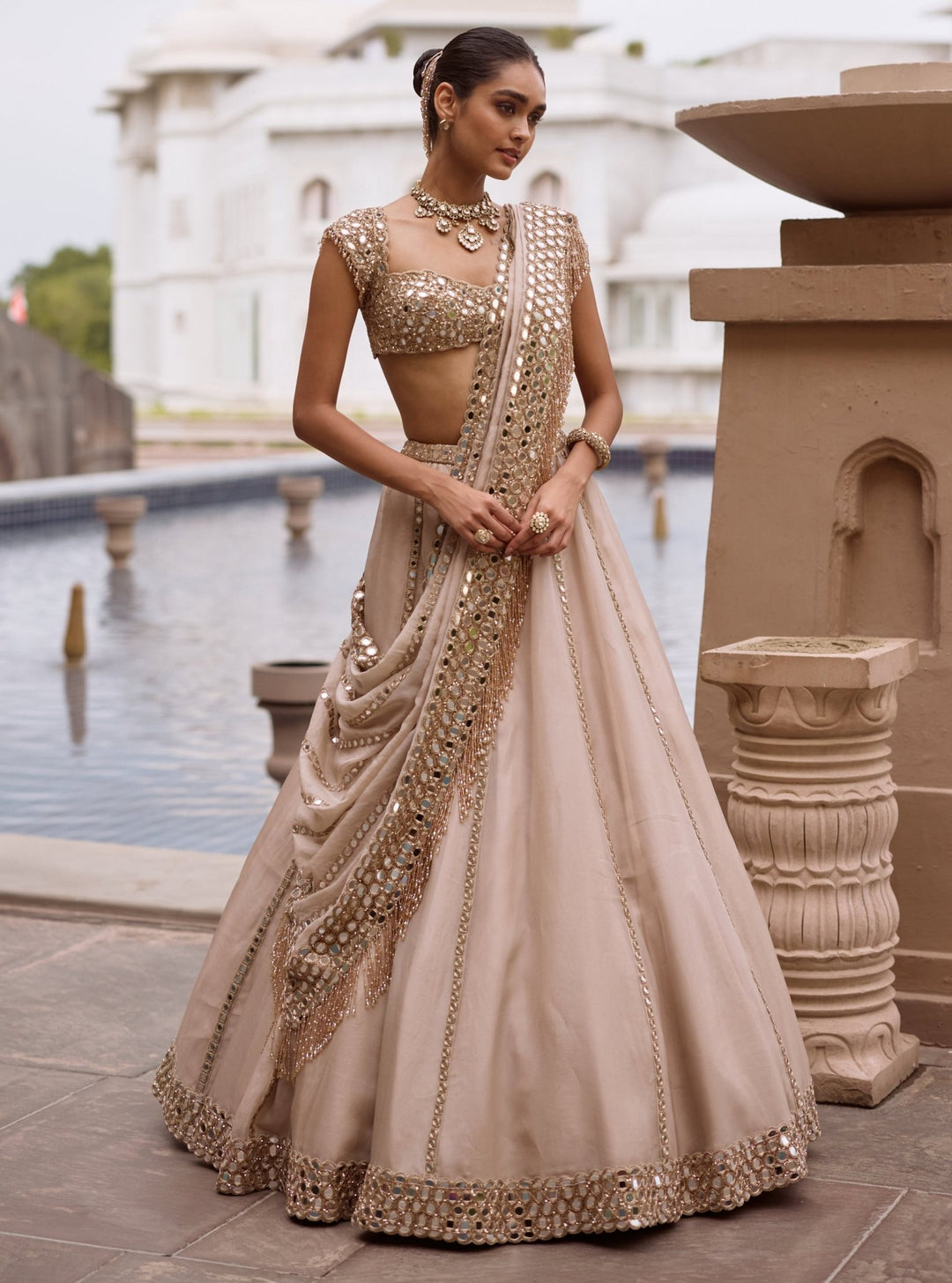 Vvani by Vani Vats Beige Gold Mirror Linear Organza LehengaFabilicious Fashion