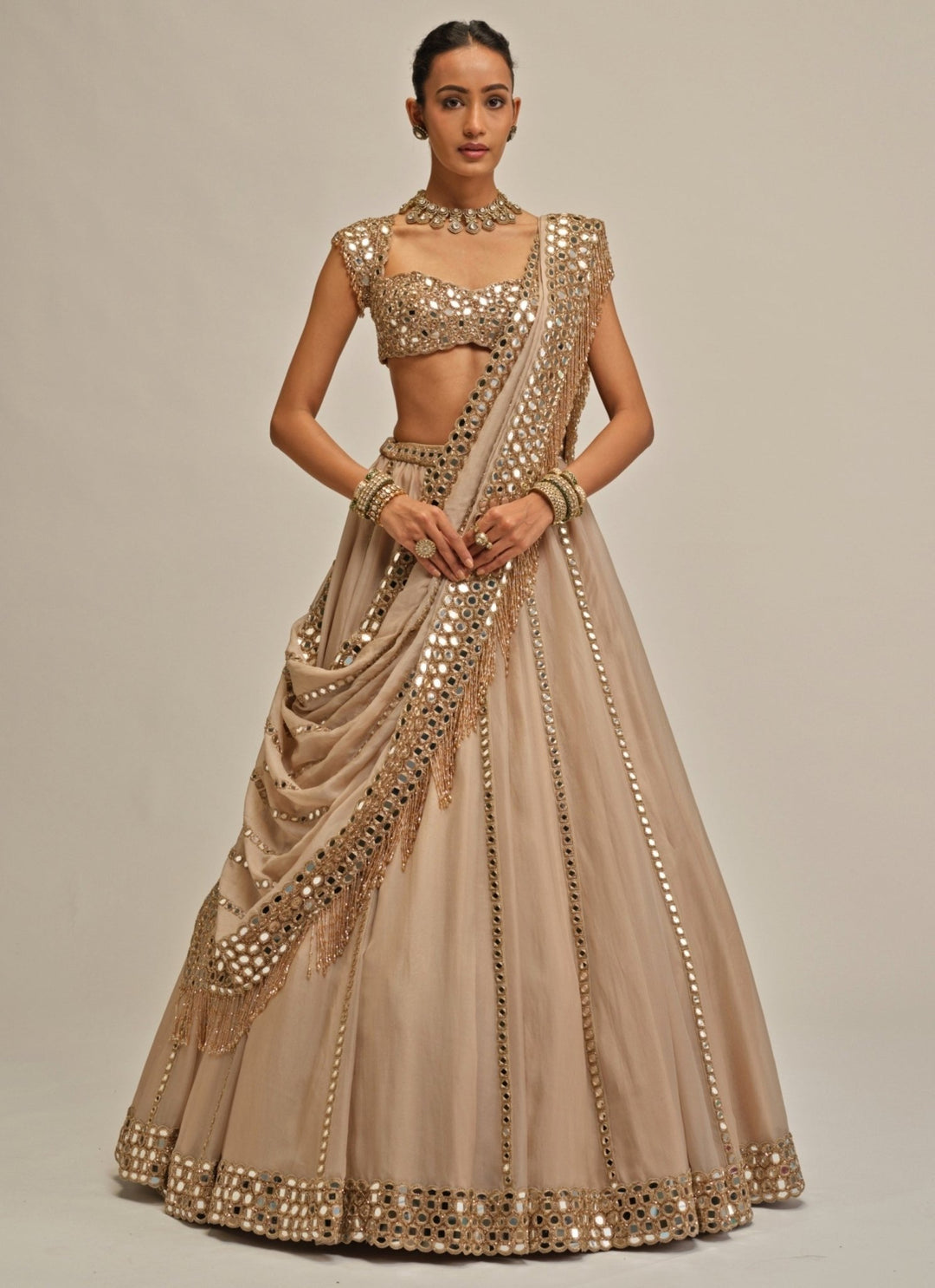 Vvani by Vani Vats Beige Gold Mirror Linear Organza LehengaFabilicious Fashion