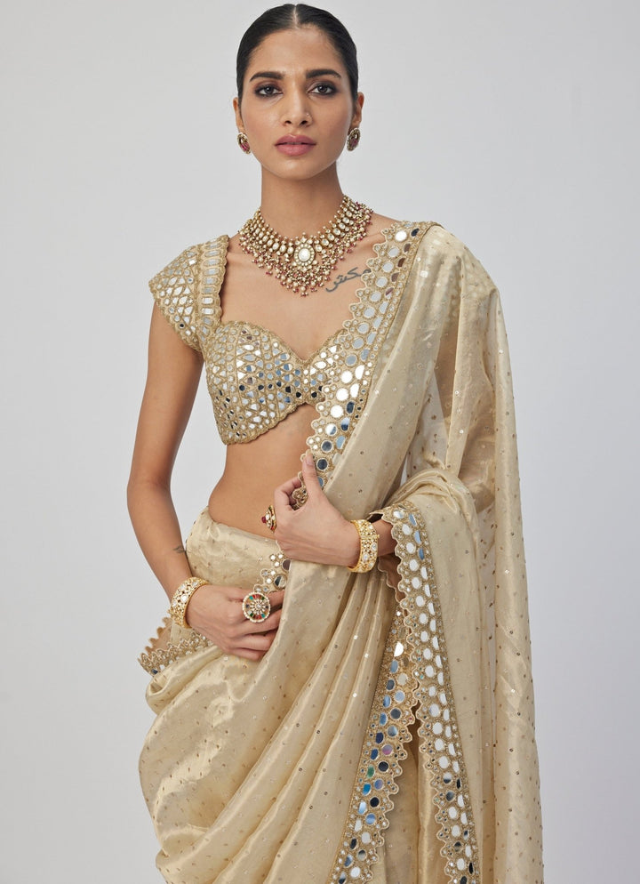 Beige Gold Mirror Organza Saree With Half Sleeves Embroidered Mirror Blouse Vvani By Vani Vats - Fabilicious Fashion