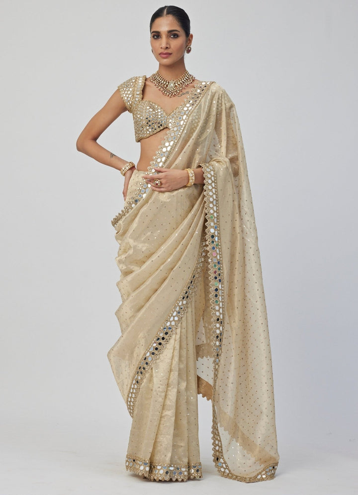 Beige Gold Mirror Organza Saree With Half Sleeves Embroidered Mirror Blouse Vvani By Vani Vats - Fabilicious Fashion