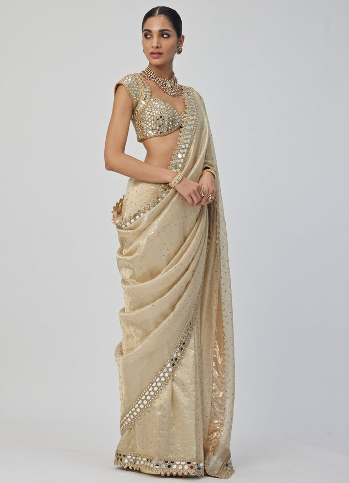 Beige Gold Mirror Organza Saree With Half Sleeves Embroidered Mirror Blouse Vvani By Vani Vats - Fabilicious Fashion