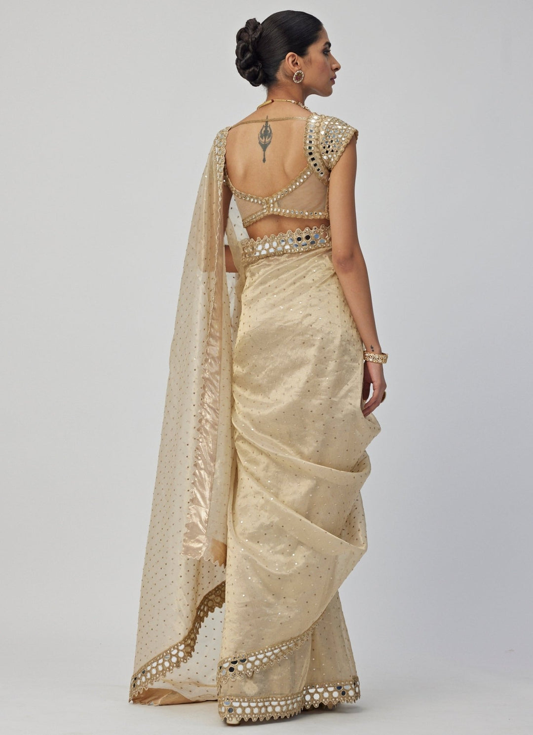 Beige Gold Mirror Organza Saree With Half Sleeves Embroidered Mirror Blouse Vvani By Vani Vats - Fabilicious Fashion