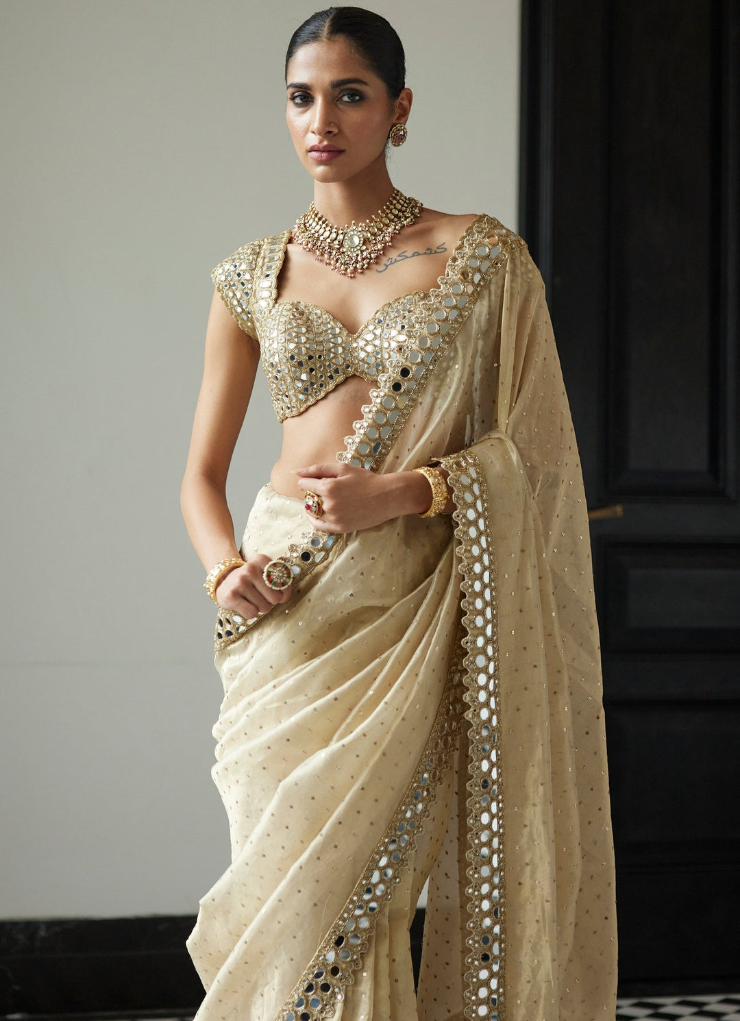 Beige Gold Mirror Organza Saree With Half Sleeves Embroidered Mirror Blouse Vvani By Vani Vats - Fabilicious Fashion