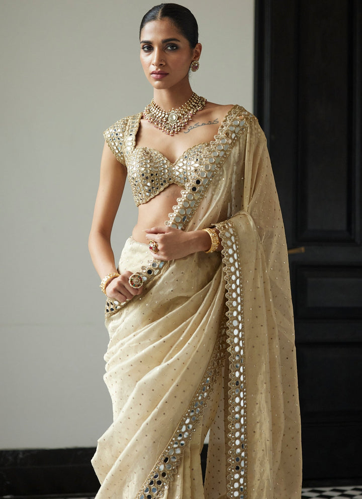 Beige Gold Mirror Organza Saree With Half Sleeves Embroidered Mirror Blouse Vvani By Vani Vats - Fabilicious Fashion
