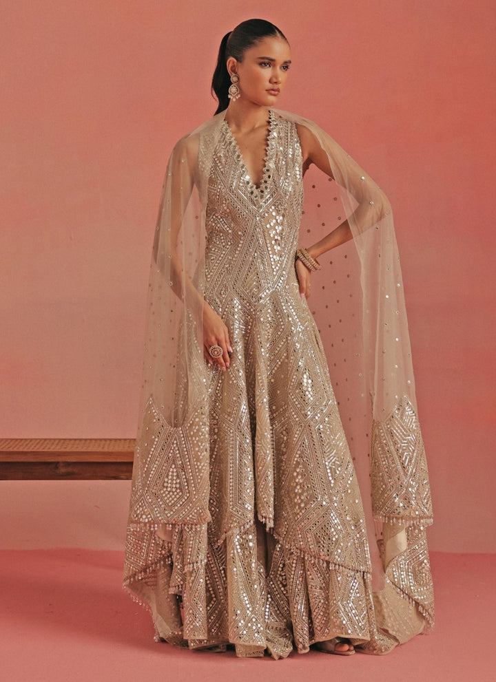 Twenty Nine Beige Gold Mirrorwork Sharara Set With Sherwani JacketFabilicious Fashion