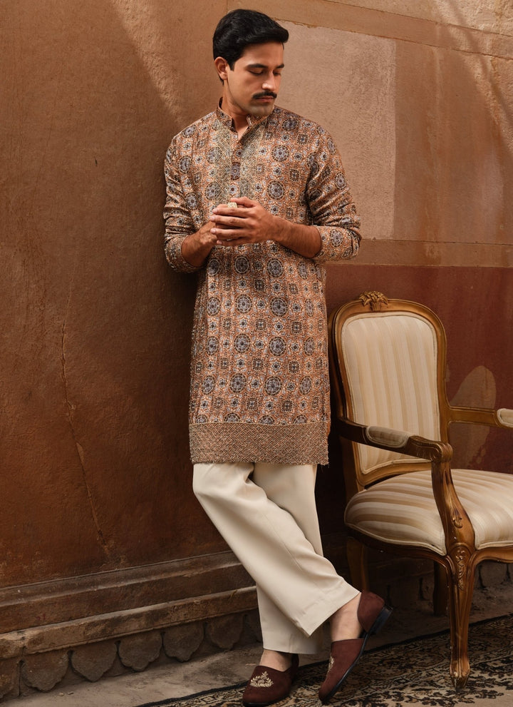 Darzi House Beige Gold Modal Satin Kurta Pants SetFabilicious Fashion