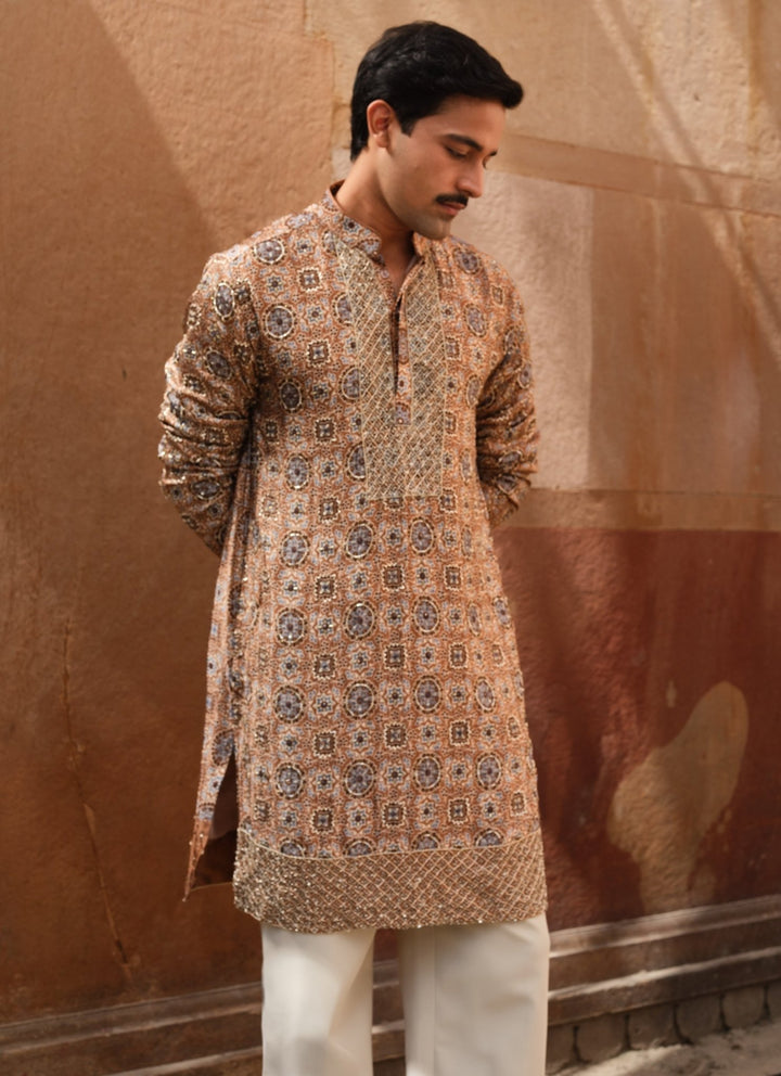Darzi House Beige Gold Modal Satin Kurta Pants SetFabilicious Fashion