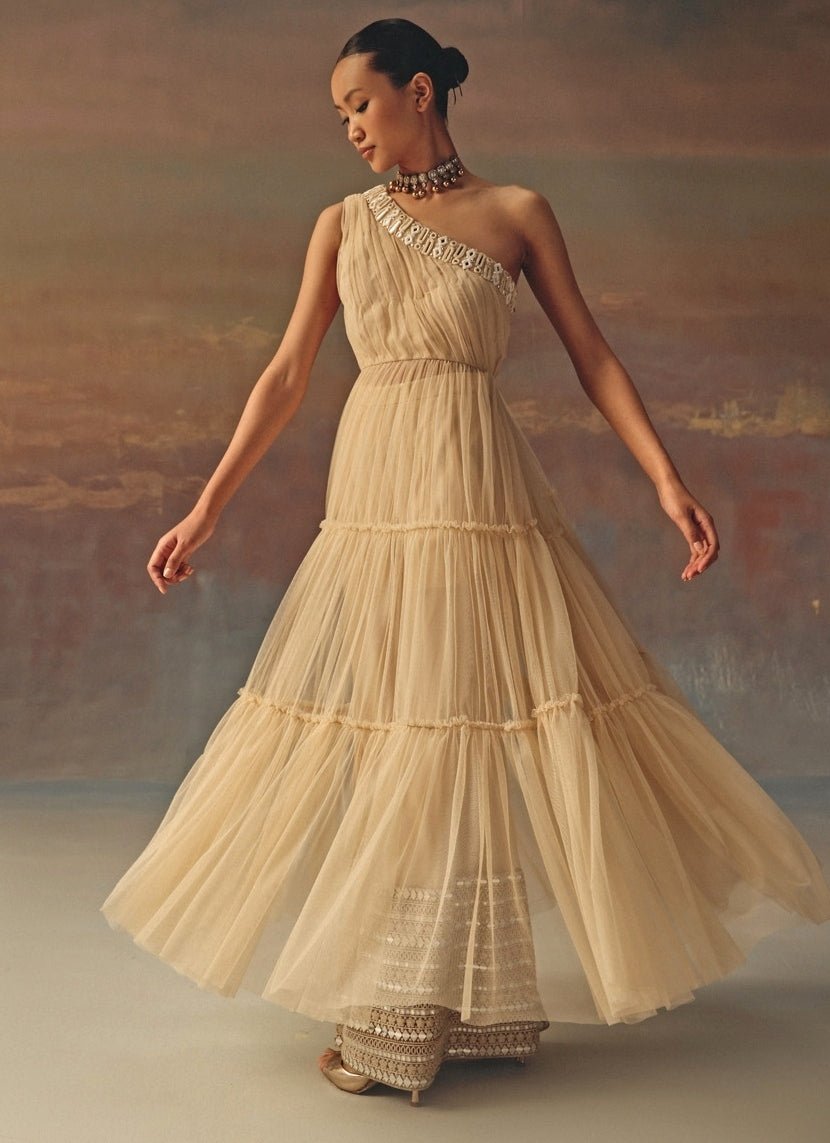 Twenty Nine Beige Gold One Shoulder Soft Net Anarkali With PalazzoFabilicious Fashion