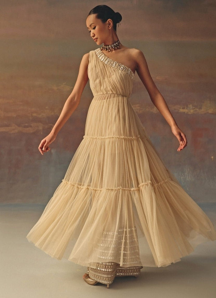 Twenty Nine Beige Gold One Shoulder Soft Net Anarkali With PalazzoFabilicious Fashion