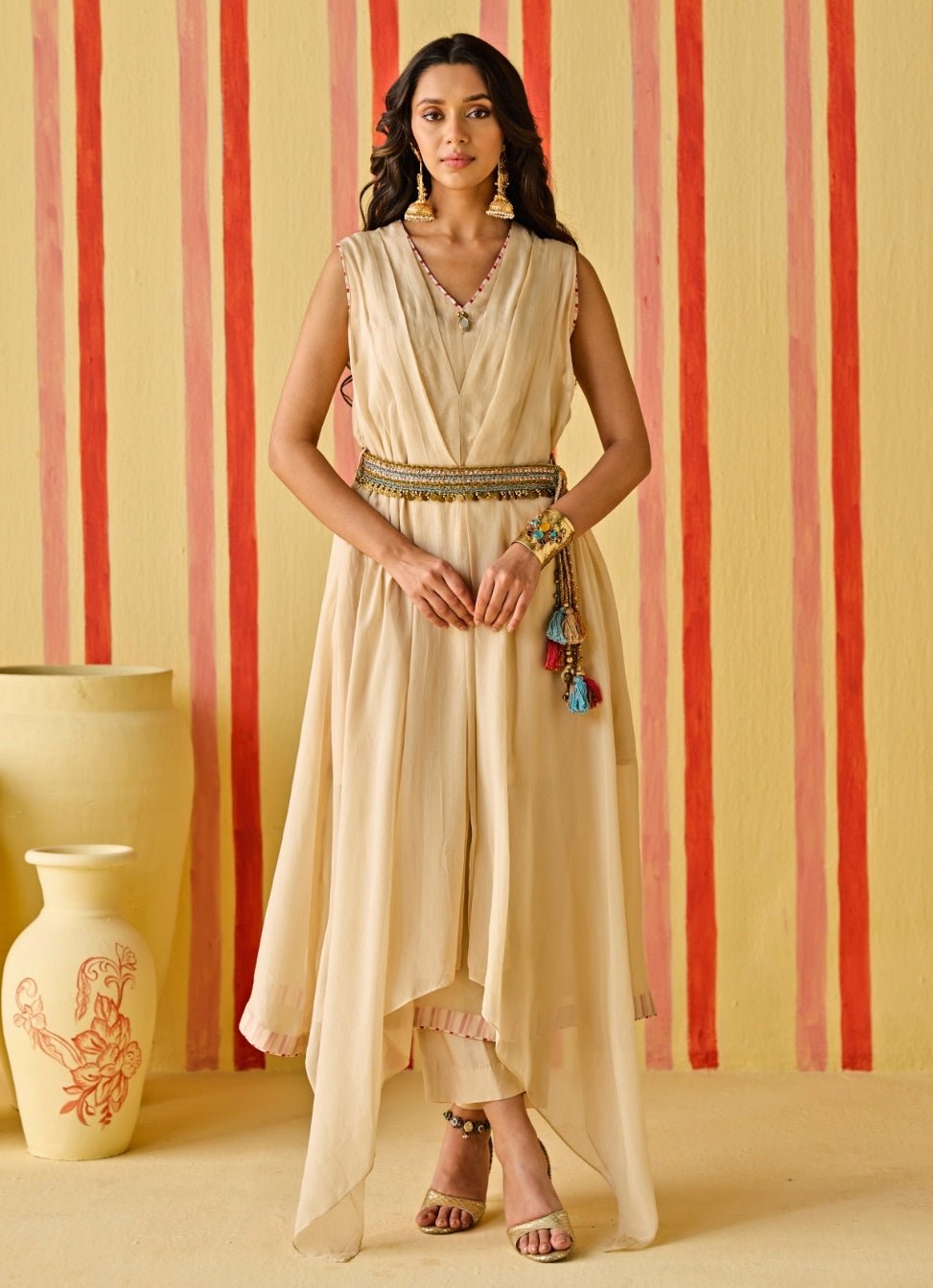 Beige Gold Organza Asymmetric Kurta Pants Set Studio Bagechaa - Fabilicious Fashion