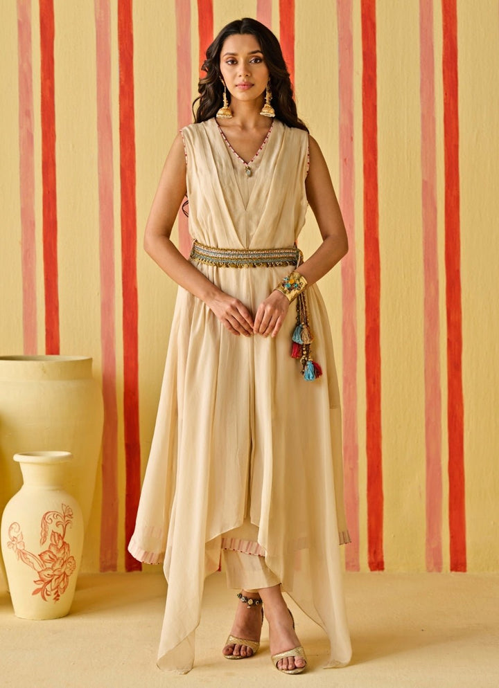 Beige Gold Organza Asymmetric Kurta Pants Set Studio Bagechaa - Fabilicious Fashion
