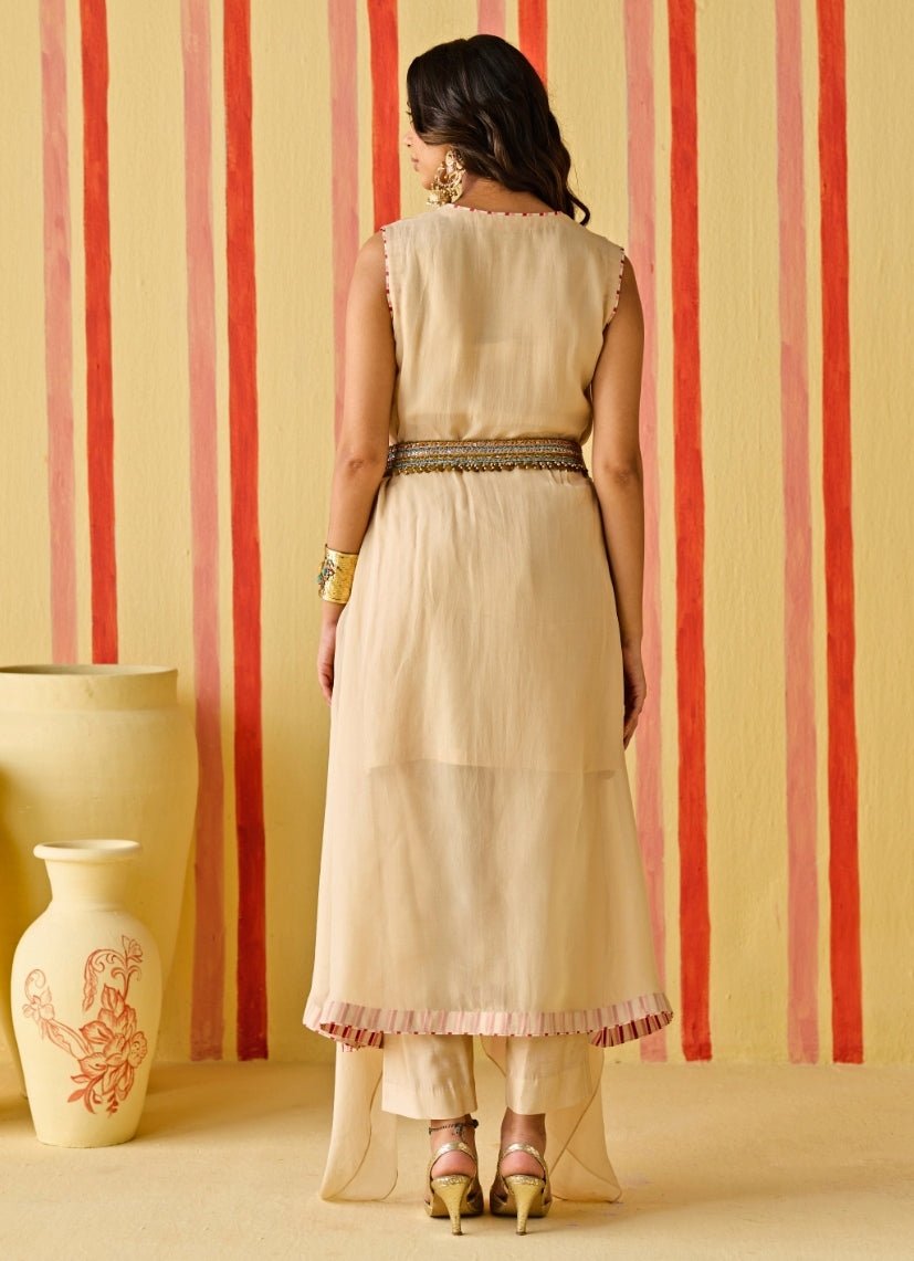 Beige Gold Organza Asymmetric Kurta Pants Set Studio Bagechaa - Fabilicious Fashion