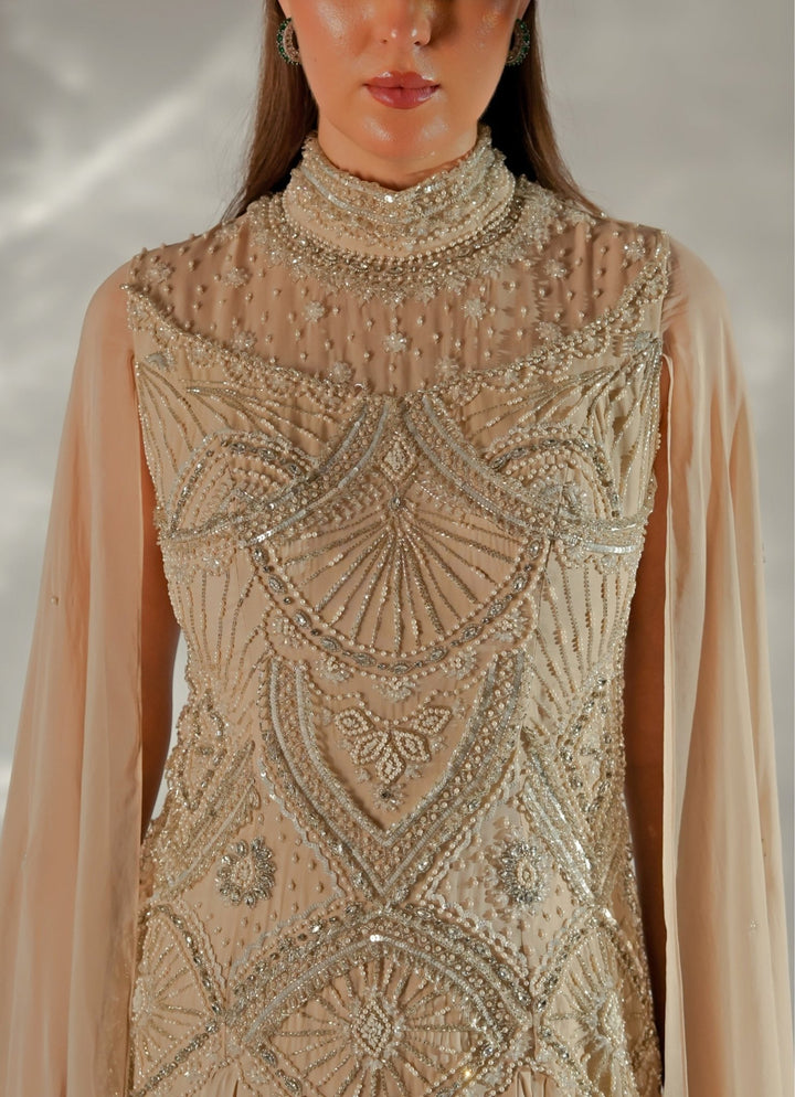 Jade by Ashima Beige Gold Organza Cape GownFabilicious Fashion