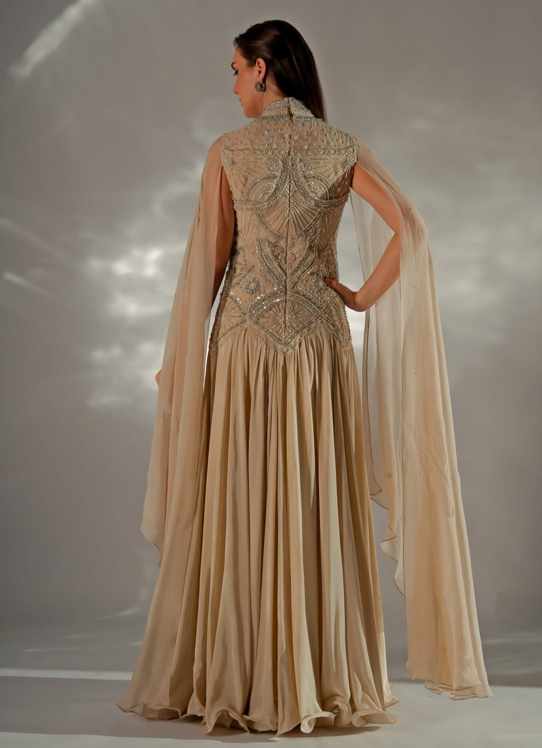 Jade by Ashima Beige Gold Organza Cape GownFabilicious Fashion