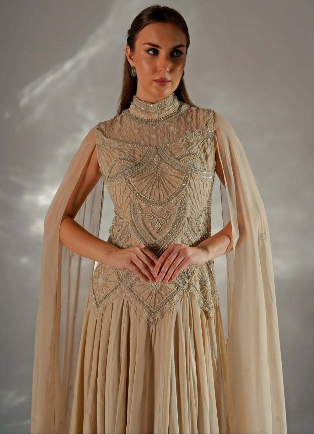 Beige Gold Organza Cape Gown Jade by Ashima - Fabilicious Fashion