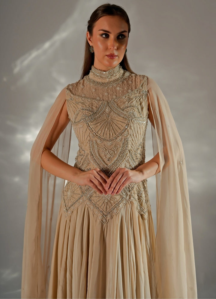 Jade by Ashima Beige Gold Organza Cape GownFabilicious Fashion