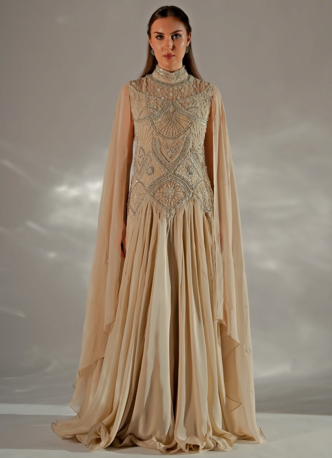 Beige Gold Organza Cape Gown Jade by Ashima - Fabilicious Fashion