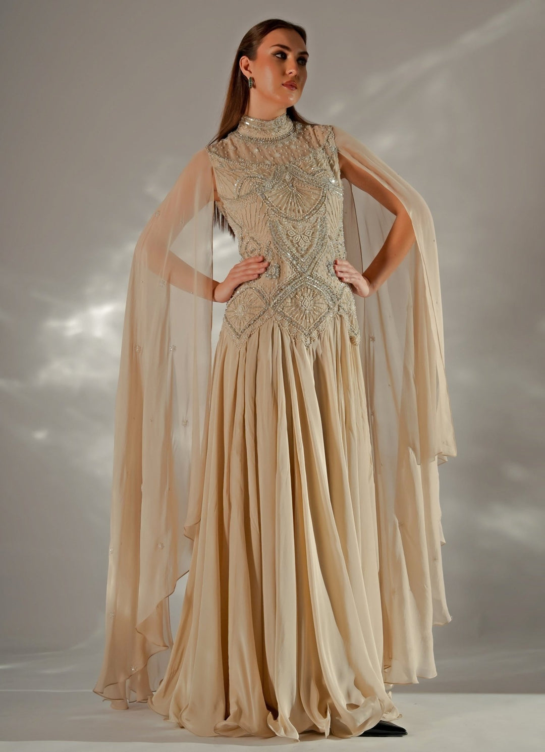 Jade by Ashima Beige Gold Organza Cape GownFabilicious Fashion