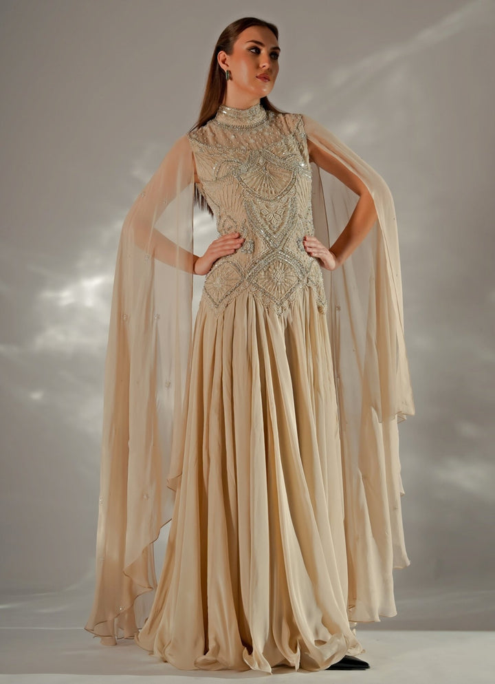 Jade by Ashima Beige Gold Organza Cape GownFabilicious Fashion