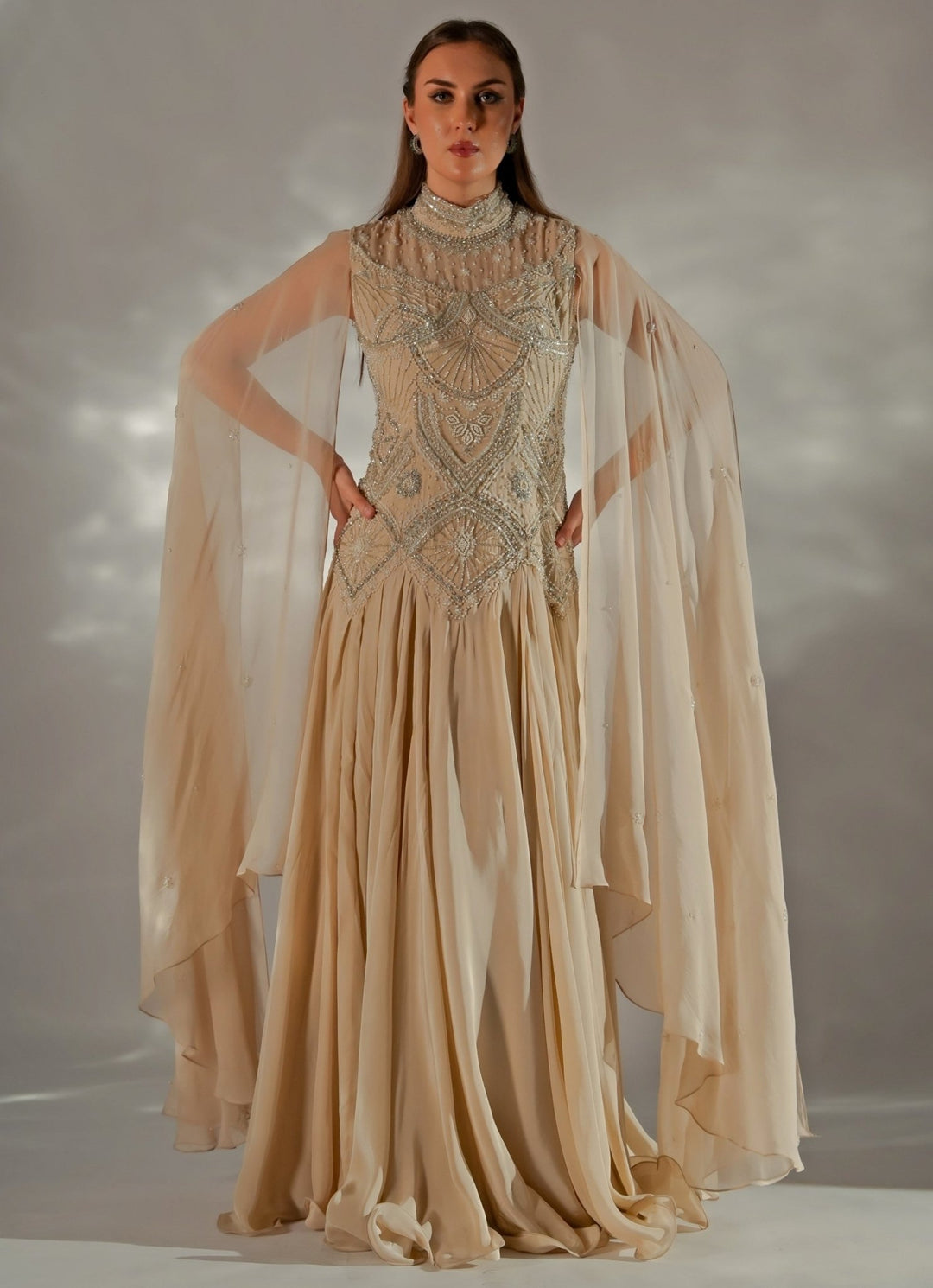 Jade by Ashima Beige Gold Organza Cape GownFabilicious Fashion