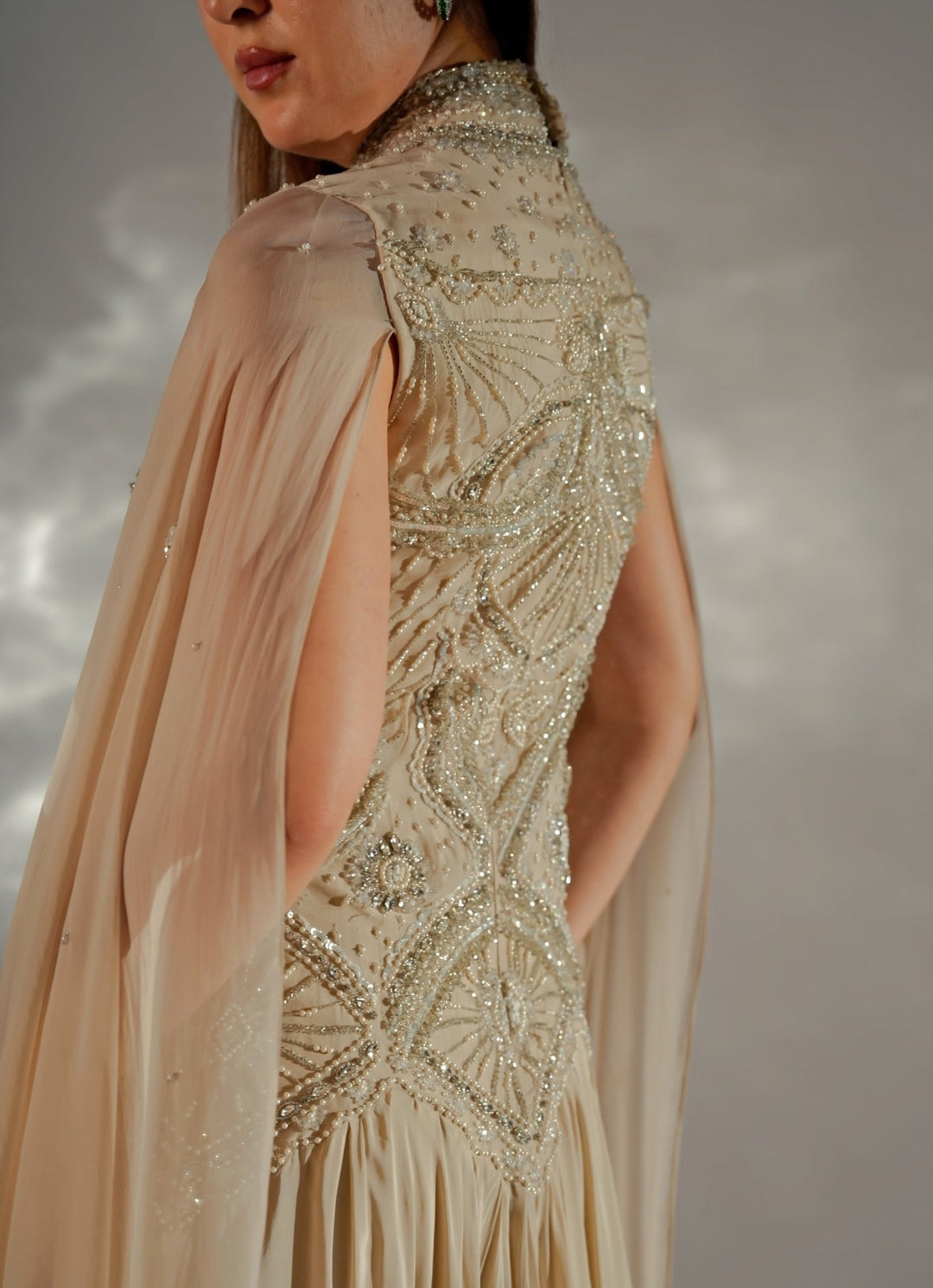 Jade by Ashima Beige Gold Organza Cape GownFabilicious Fashion
