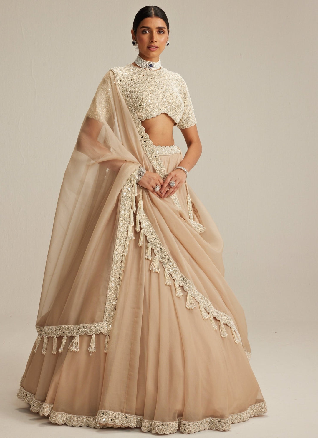 Beige Gold Organza Classic Lehenga Set Vvani by Vani Vats - Fabilicious Fashion