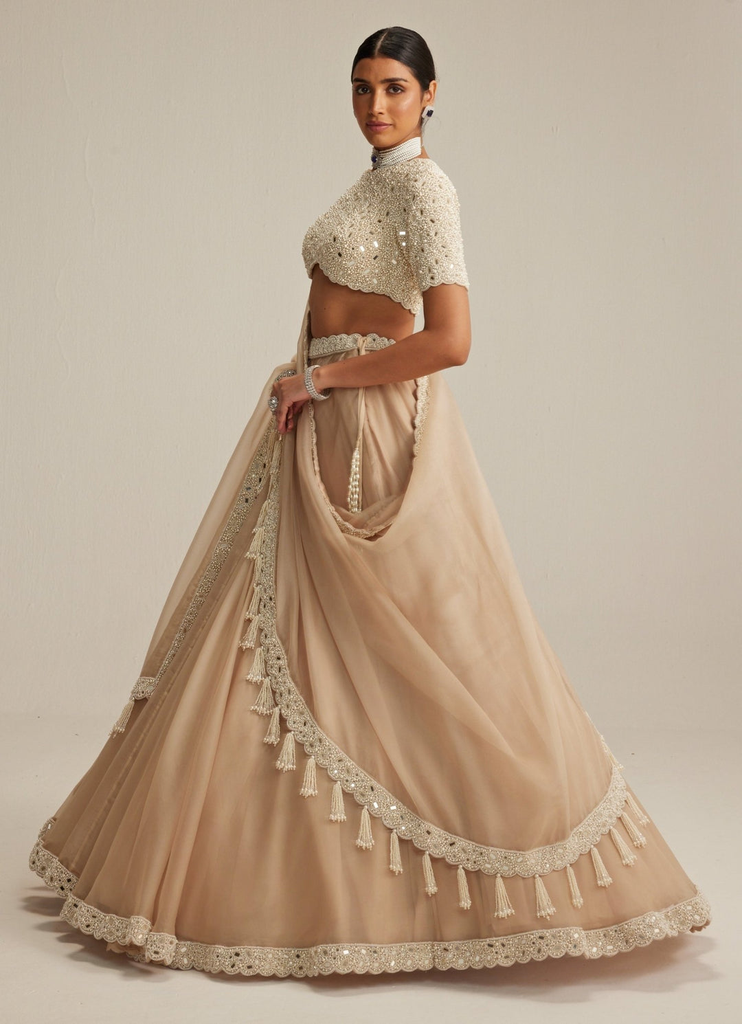 Beige Gold Organza Classic Lehenga Set Vvani by Vani Vats - Fabilicious Fashion