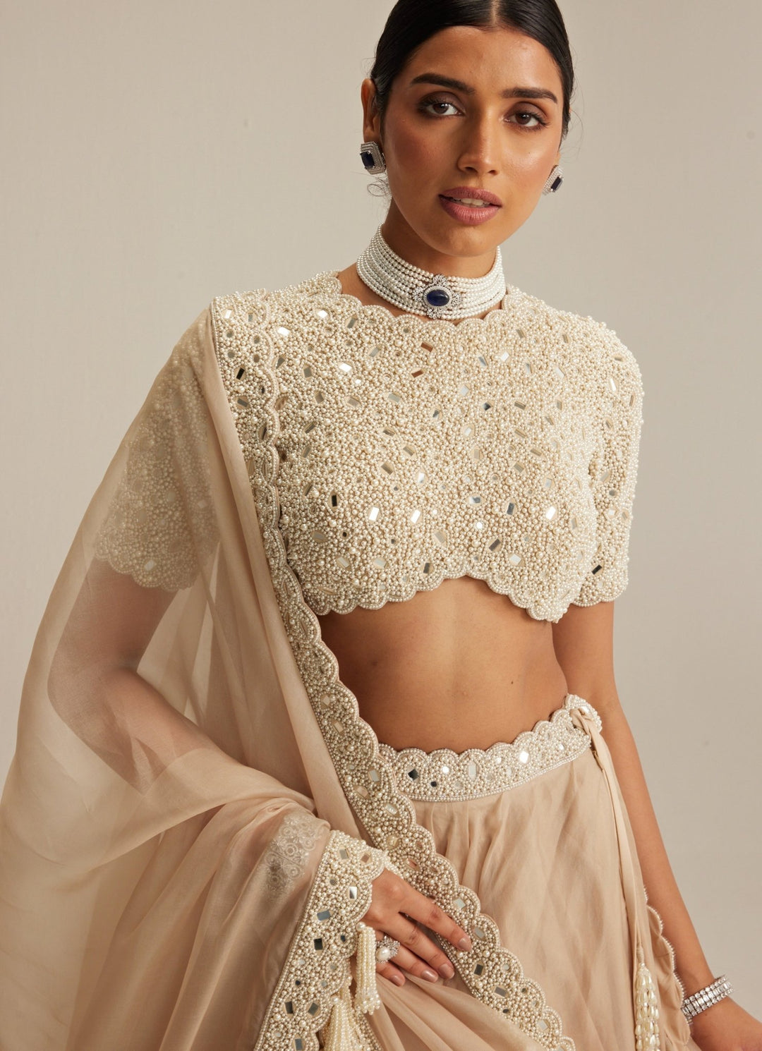 Beige Gold Organza Classic Lehenga Set Vvani by Vani Vats - Fabilicious Fashion