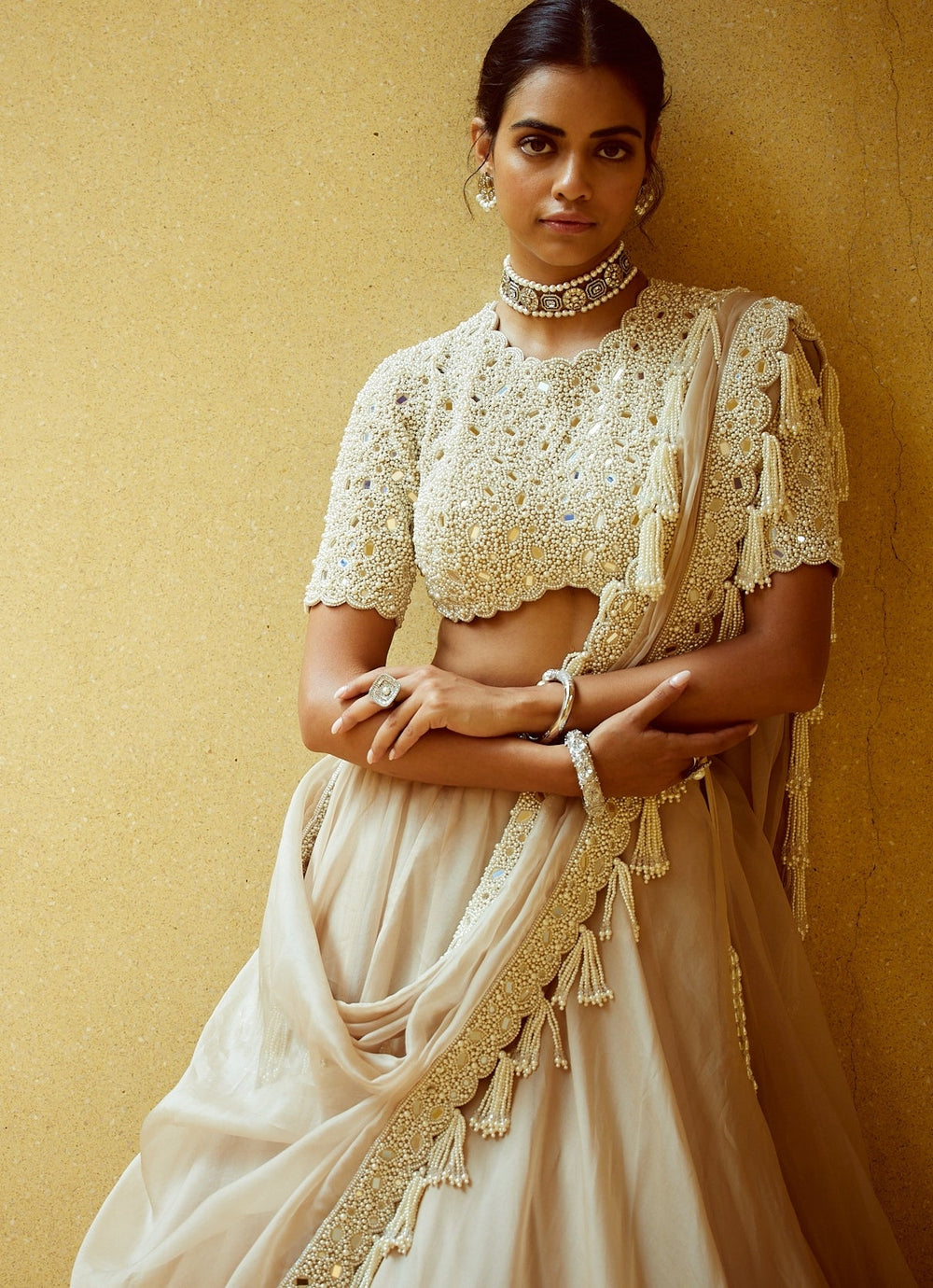 Beige Gold Organza Classic Lehenga Set Vvani by Vani Vats - Fabilicious Fashion