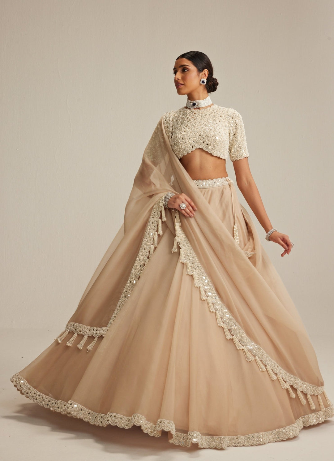 Beige Gold Organza Classic Lehenga Set Vvani by Vani Vats - Fabilicious Fashion
