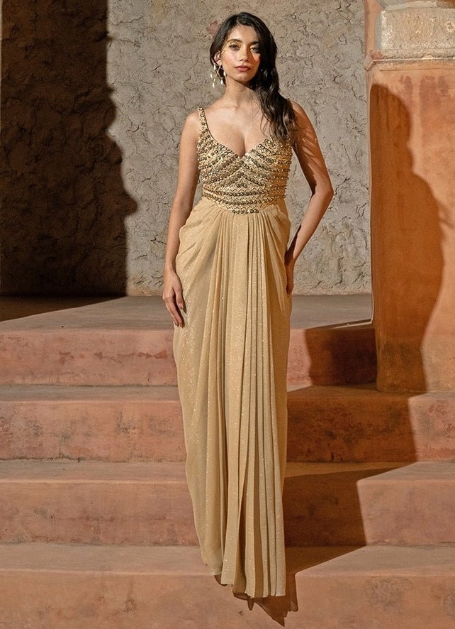 Beige Gold Organza Drape Gown Silky Bindra - Fabilicious Fashion